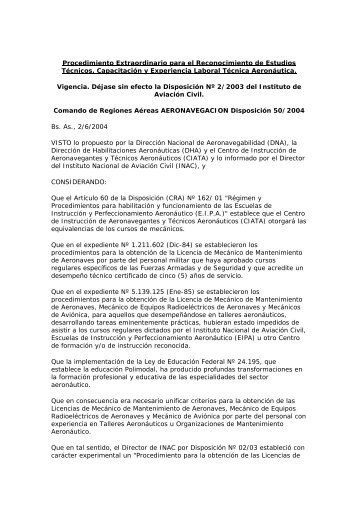 Disposición Nº 50/04 (CRA) - Dirección de Aeronavegabilidad