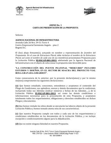 ANEXO No. 1 CARTA DE PRESENTACIÓN DE LA PROPUESTA ...
