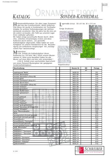 Sonder-Kathedralglas, Ornamentglaeser, alte Ornamentglasmuster ...