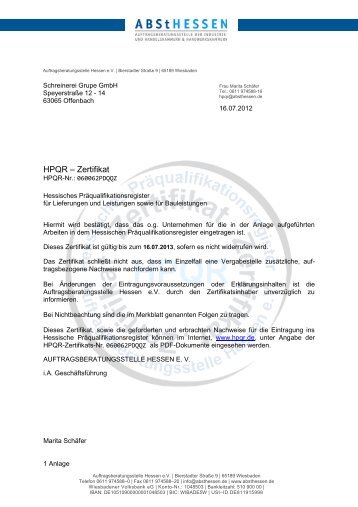 HPQR – Zertifikat - Schreinerei Grupe GmbH
