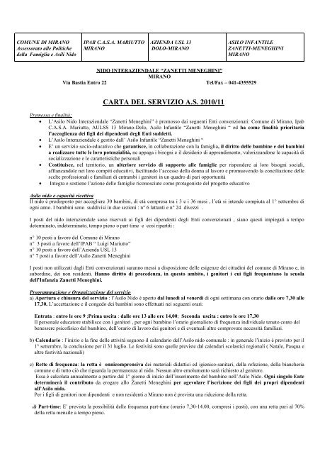 Carta del Nido Interaziendale a.s. 2010/2011 - Comune di Mirano