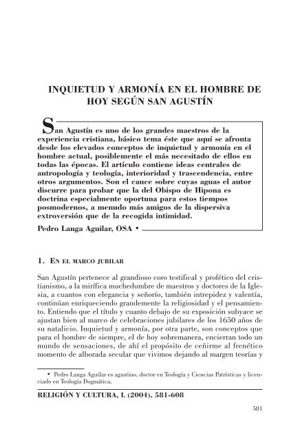 inquietud y armonía en el hombre de hoy según san agustín