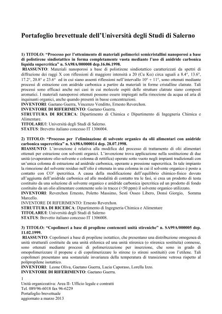 Portafoglio brevetti (agg. Maggio 2013) - Università degli Studi di ...