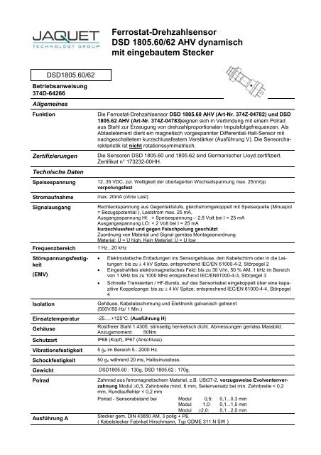 Ferrostat-Drehzahlsensor DSD 1805.60/62 AHV dynamisch mit ...