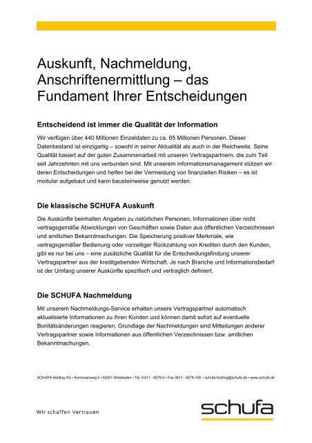 Auskunft, Nachmeldung, Anschriftenermittlung – das ... - Schufa