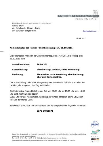 An die Eltern der Schulkinder Klasse 1 bis 6 am Schuldorf ...