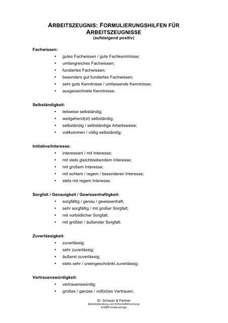 formulierungshilfen fr arbeitszeugnisse - Dr. Schwan und Partner formulierungshilfen fr arbeitszeugnisse - Dr. Schwan und Partner