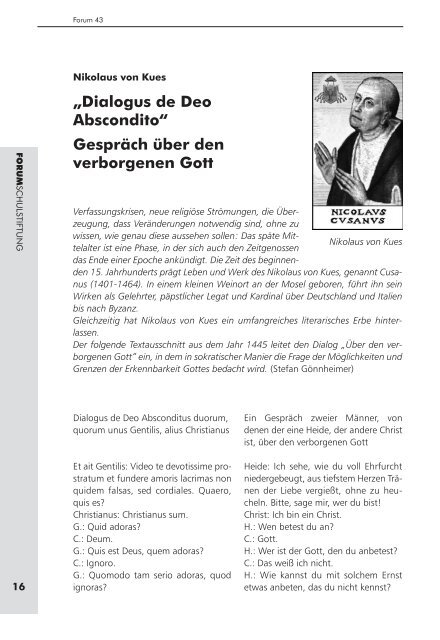 „Dialogus de Deo Abscondito“ Gespräch über den verborgenen Gott ...