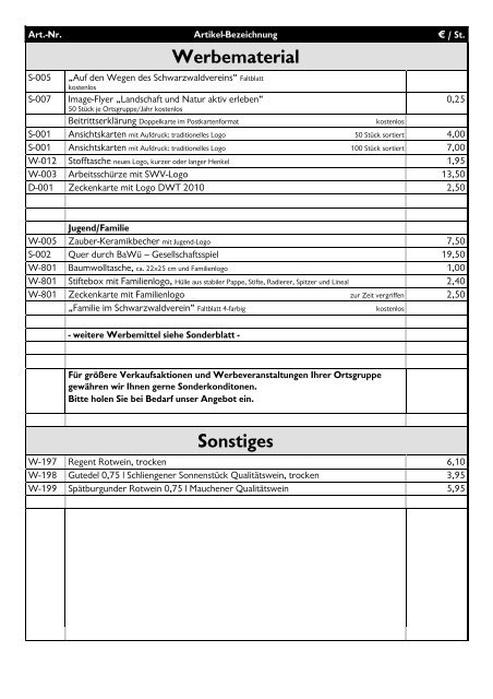 Preisliste 2012 - Schwarzwaldverein
