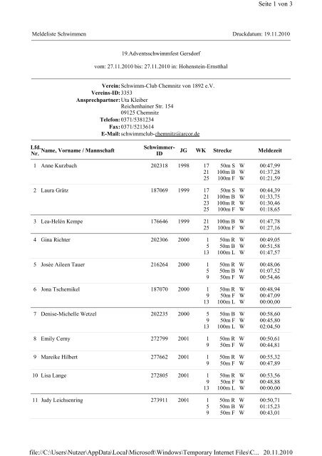 Meldeliste - Schwimm-Club Chemnitz von 1892 eV