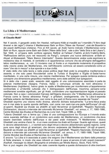 La Libia e il Mediterraneo :: Claudio Mutti :: Eurasia - Claudio Moffa