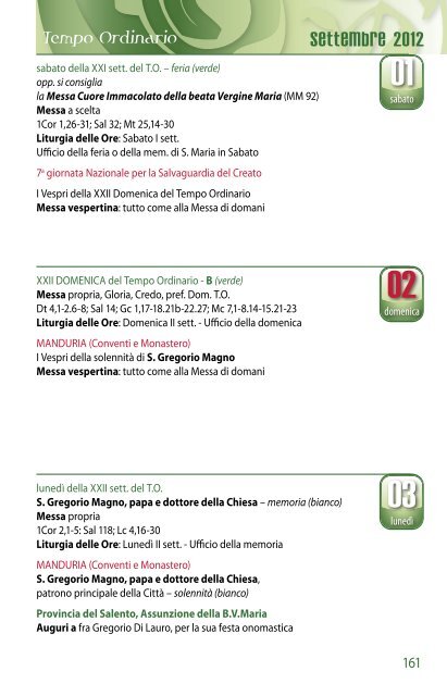 Agenda Liturgica - Provincia di San Michele Arcangelo