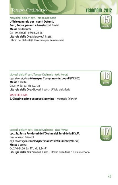 Agenda Liturgica - Provincia di San Michele Arcangelo