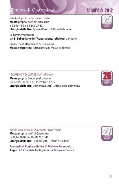 Agenda Liturgica - Provincia di San Michele Arcangelo