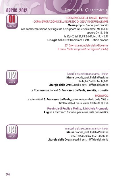 Agenda Liturgica - Provincia di San Michele Arcangelo