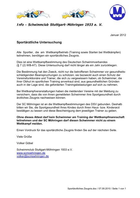 Infoschreiben zum Sportärztlichen Zeugnis - Schwimmclub Stuttgart ...