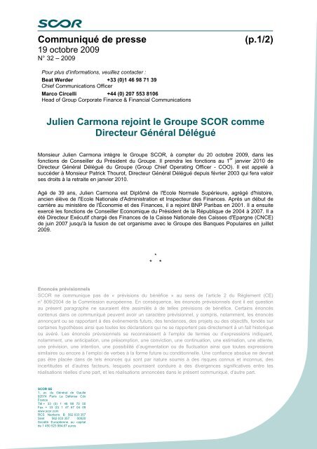 Julien Carmona rejoint le Groupe SCOR comme Directeur Général ...