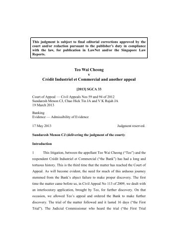 Teo Wai Cheong v Crédit Industriel et Commercial and another appeal