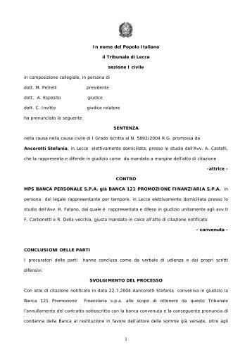 In nome del Popolo Italiano il Tribunale di Lecce sezione I civile in ...