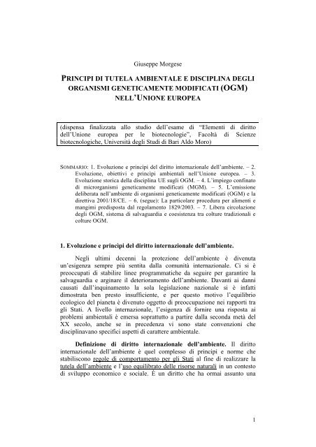 principi ambientali e disciplina degli ogm nell'unione europea