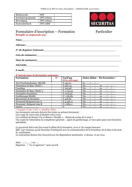 Formulaire d'inscription – Formation Particulier - Securitas