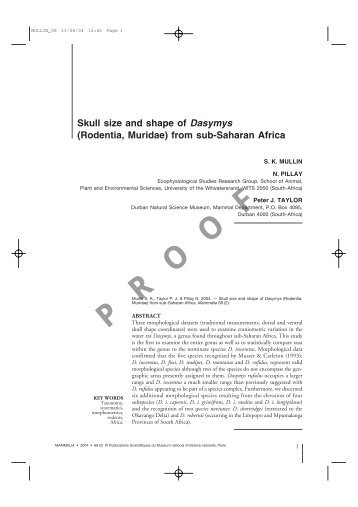 Mullin, S. K., Taylor, P. J. & Pillay, N. 2004. Skull size and ... - Durban