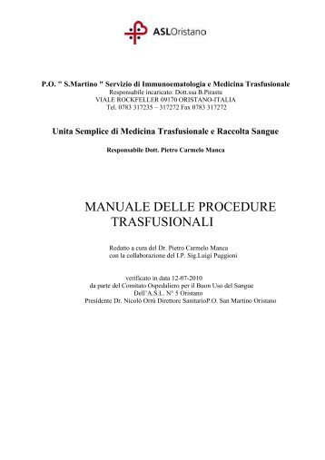 Scarica il manuale delle procedure trasfusionali [file.pdf] - Asl Oristano