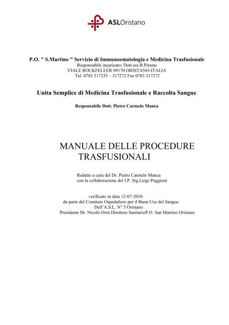 Scarica il manuale delle procedure trasfusionali [file.pdf] - Asl Oristano