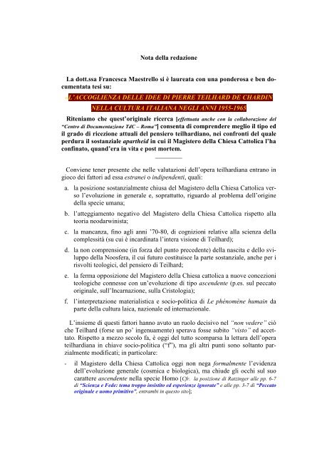 La Difficile Recezione Del Pensiero Di Teilhard In Italia - 
