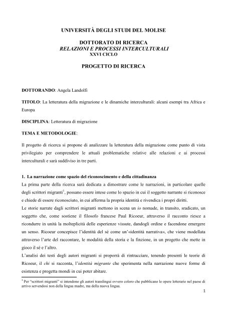 Progetto Di Ricerca Dott Ssa Angela Landolfi Universita Degli Studi