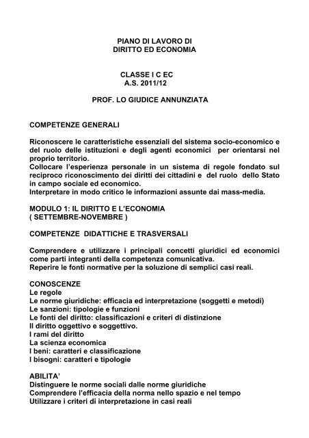 PIANO DI LAVORO DI DIRITTO ED ECONOMIA ... - Istituto C.A.Pilati