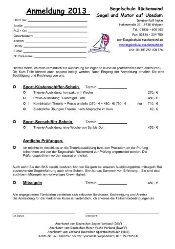 SKS/SSS und Törn-ANMELDEFORMULAR - Segelschule Rückenwind