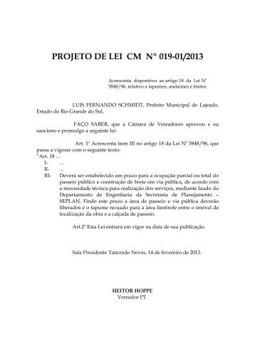 projeto de lei cm nº 019-01/2013 - Câmara Municipal de Vereadores ...