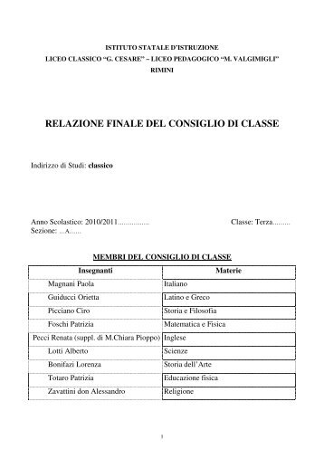 RELAZIONE FINALE DEL CONSIGLIO DI CLASSE - Liceo Classico ...