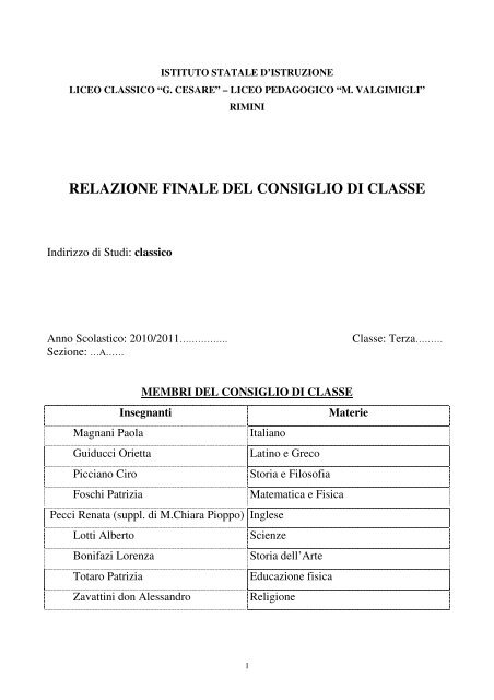 RELAZIONE FINALE DEL CONSIGLIO DI CLASSE - Liceo Classico ...