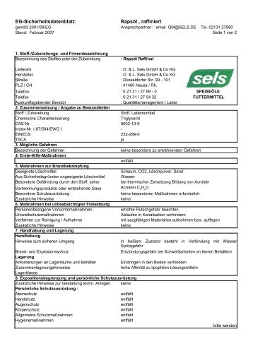 EG-Sicherheitsdatenblatt: Rapsöl , raffiniert - O. & L. Sels