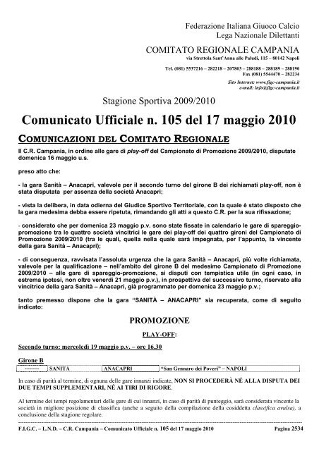 Comunicato Ufficiale n. 105 del 17 maggio 2010 - Figc Campania