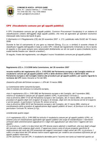 Informazioni sul codice Cpv - Comune di Aosta