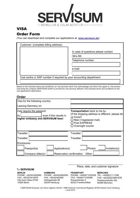 VISA Order Form - SerVisum Konsular &amp; Visum Agentur GmbH