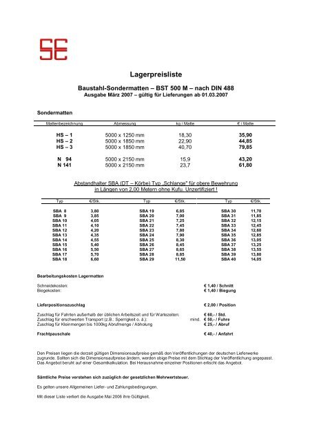 Lagerpreisliste - Schwarzenberger & Endres GmbH