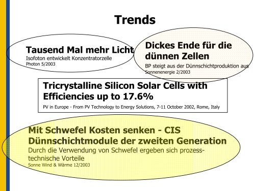 Stand der Technik und neue Entwicklungen in der Photovoltaik