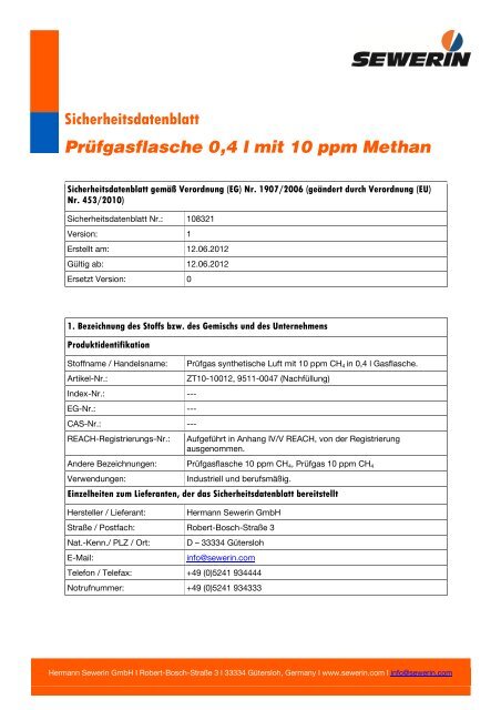 Methan, 10 ppm, Prüfgasflasche 0,4 l - Sewerin