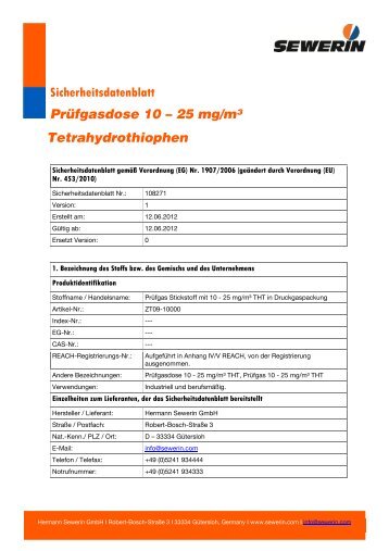 Tetrahydrothiophen (THT), 10 - 25 mg/m 3 , Prüfgasdose - Sewerin