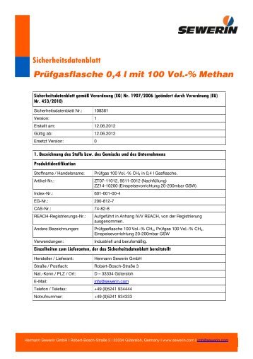 Methan, 100 Vol.-%, Prüfgasflasche 0,4 l - Sewerin