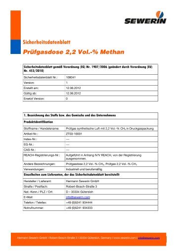 Sicherheitsdatenblatt Prüfgasdose 2,2 Vol.-% Methan - Sewerin