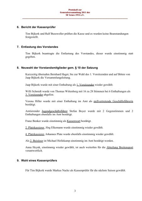 Generalversammlung der SF Graes 1952 e.V.