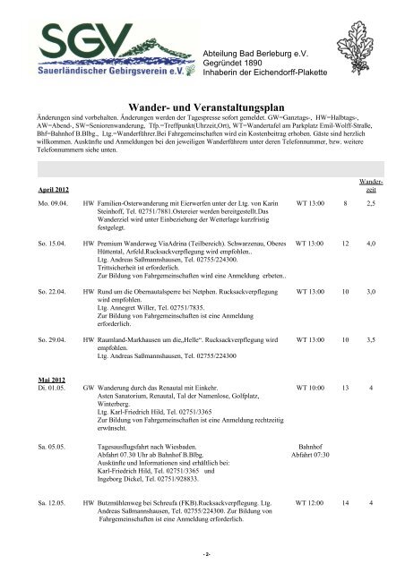 Wander- und Veranstaltungsplan - SGV Abteilung Bad Berleburg