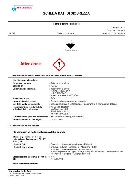 Tetracloruro di silicio Air Liquide Italia