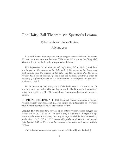 The Hairy Ball Theorem via Sperner's Lemma