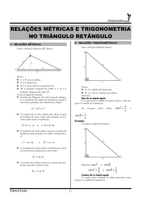 RELAÇÕES MÉTRICAS NO TRIÂNGULO RETÂNGULO \Prof Gis - Matemática